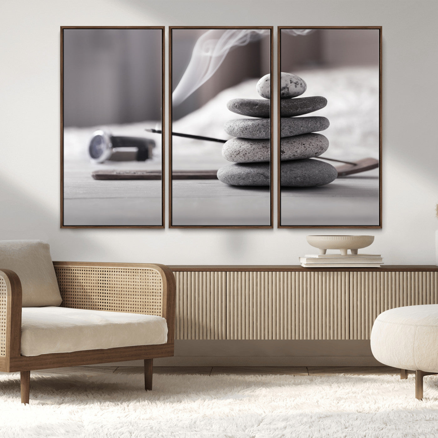 MGV-FC-48X32-3P - Burning Incense and Zen Stones Buddhism Wall Art, Zen Stones Wall Art Canvas Print