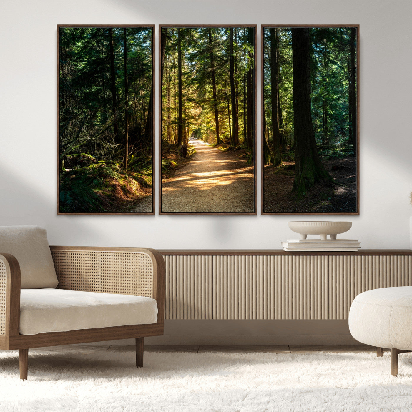 MGV-FC-48X32-3P - Sunlit Forest Pathway Canvas Print | 3 Panel Large Nature Wall Art for Living Room, Office, or