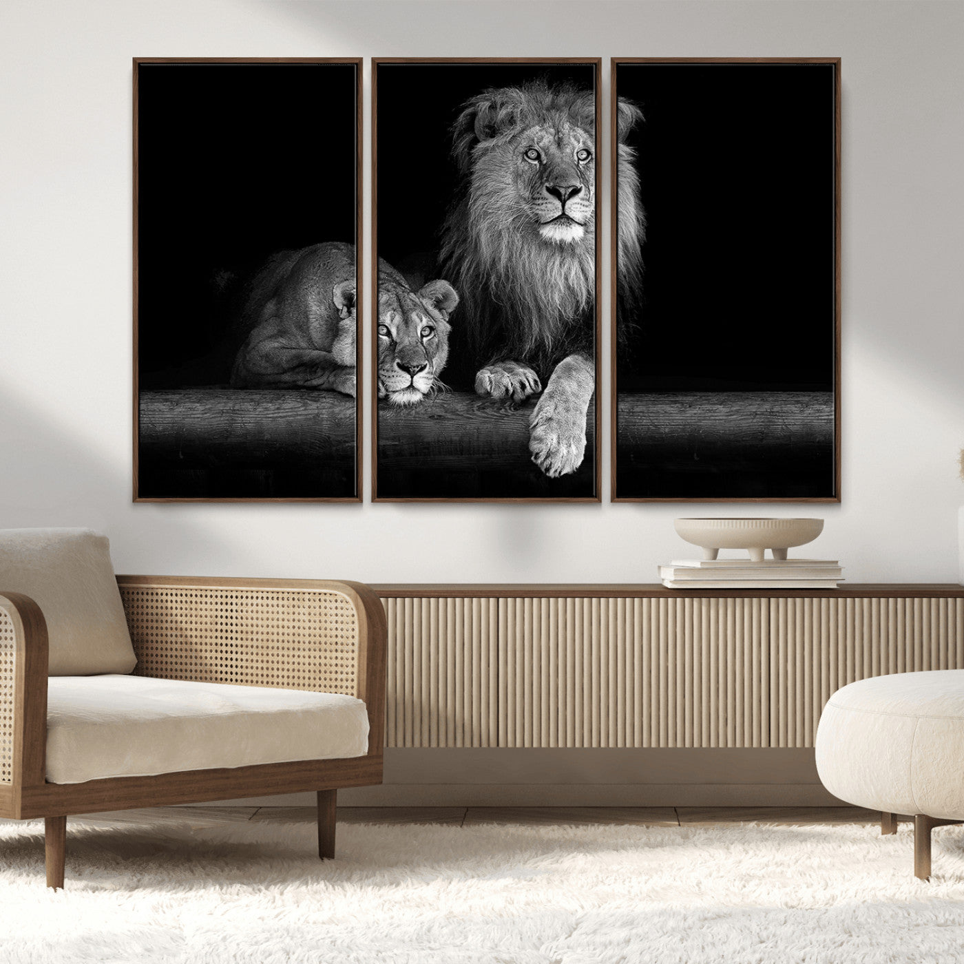 MGV-FC-48X32-3P - Large Black and White Lion Couple Wall Art Canvas Print