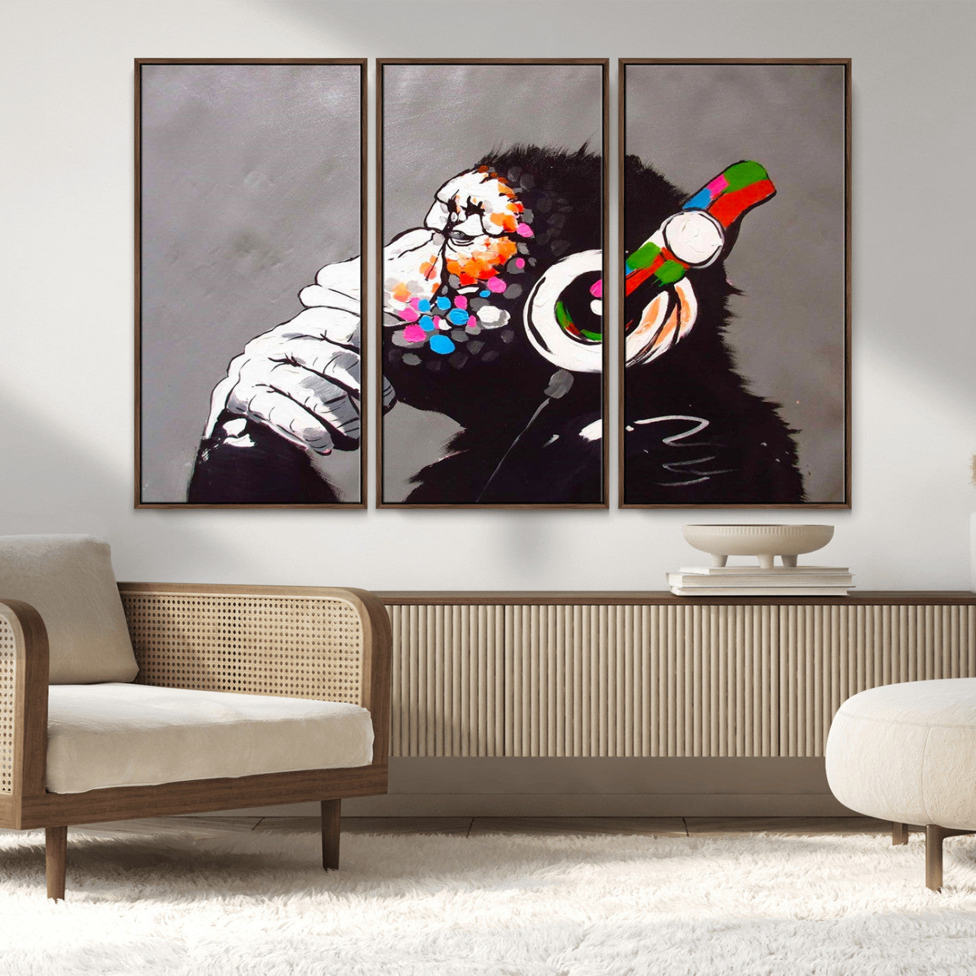 MGV-FC-48X32-3P - Dj Monkey Listening to Music Wall Art Print | Banksy Monkey Large Canvas Print for Living Room,