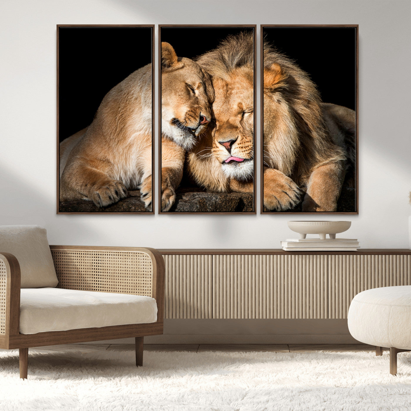 MGV-FC-48X32-3P - Lion and Lioness Wall Art Print Canvas | 3-Panel African Wildlife Canvas Print | Animal-Themed Art