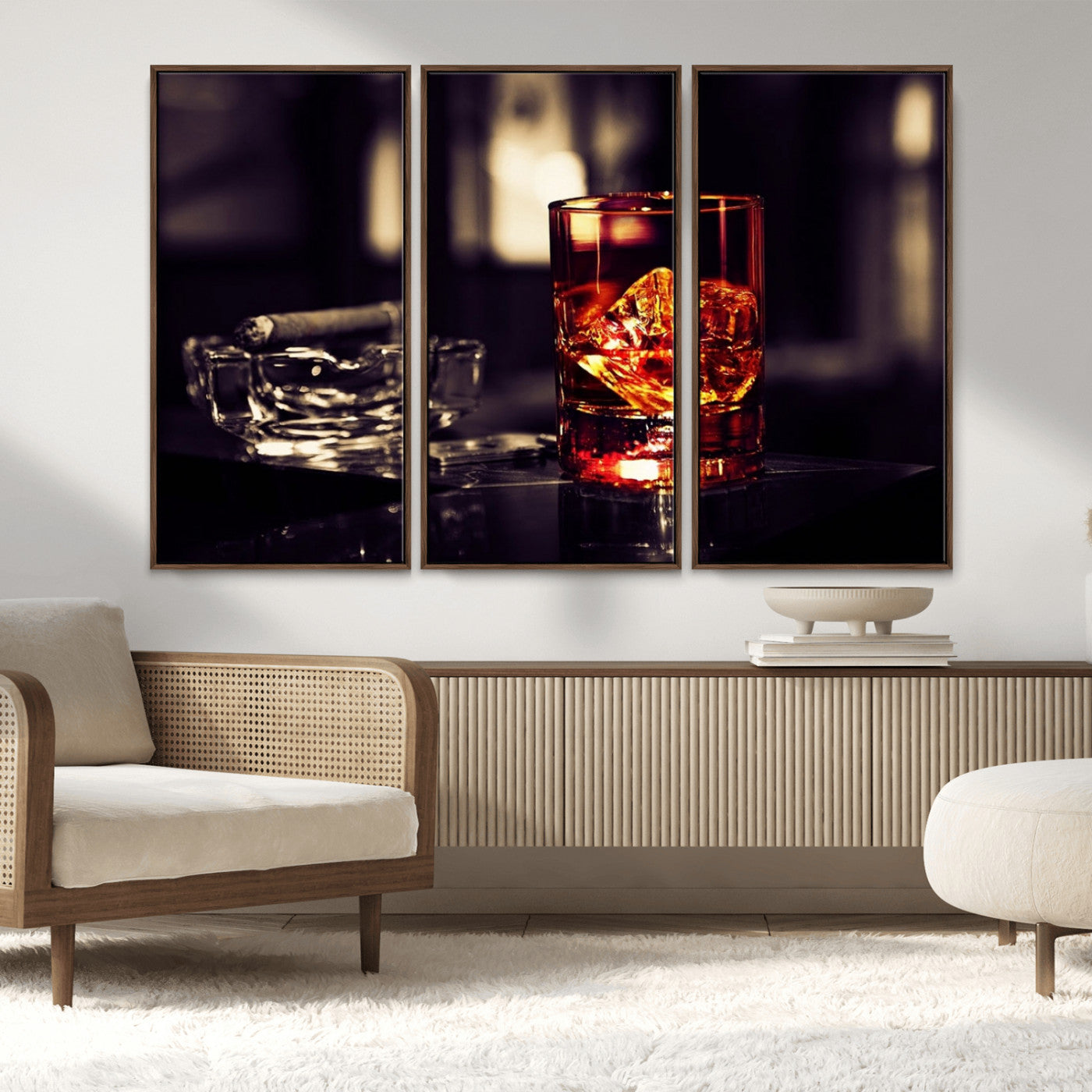 MGV-FC-48X32-3P - Whiskey and Cigar Canvas – Luxurious Wall Art for Home or Bar – Glass and Cigar Scene Print Canvas