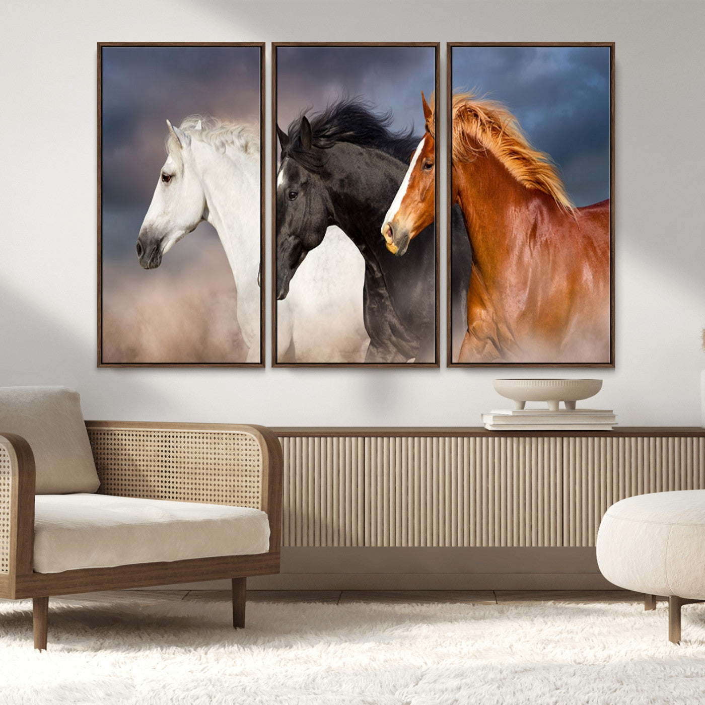 MGV-FC-48X32-3P - Animal Wall Art Three Horses Farmhouse Art Canvas, Framed Three Horses Canvas Print