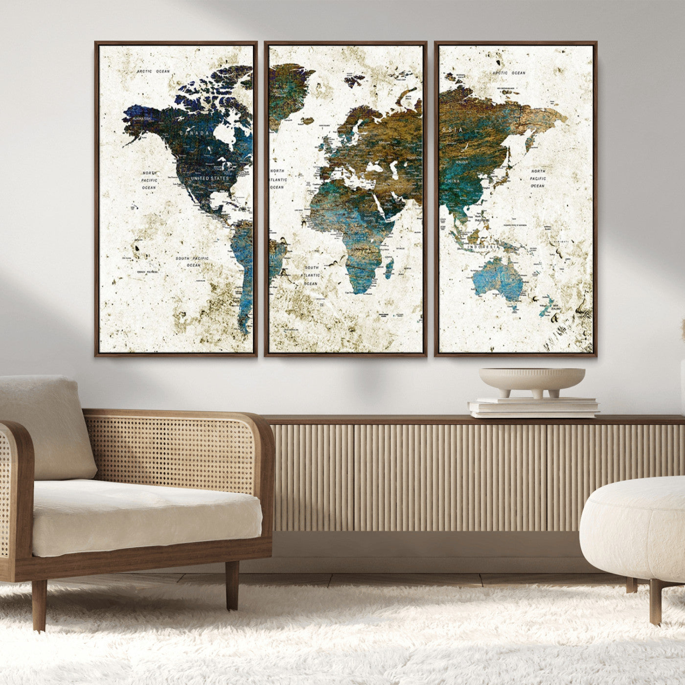 MGV-FC-48X32-3P - Vintage World Map Wall Art Canvas Print, Framed Rustic Earth Map Art Picture Print, Antique Map Perfect Rustic Vintage Decor Artwork