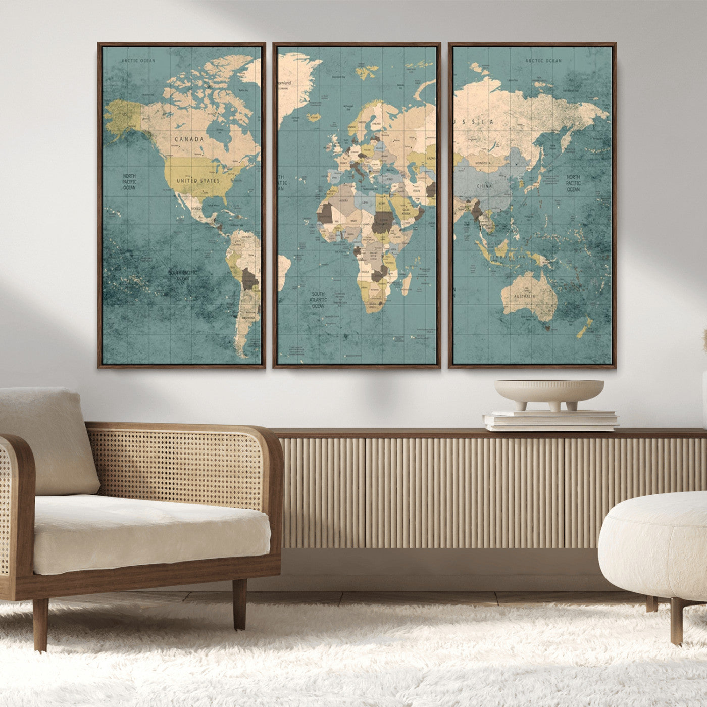 MGV-FC-48X32-3P - Classic World Map Wall Art Canvas Print, Framed Retro Map Art Picture Print, Vintage Atlas Perfect Rustic Explorer Decor Artwork
