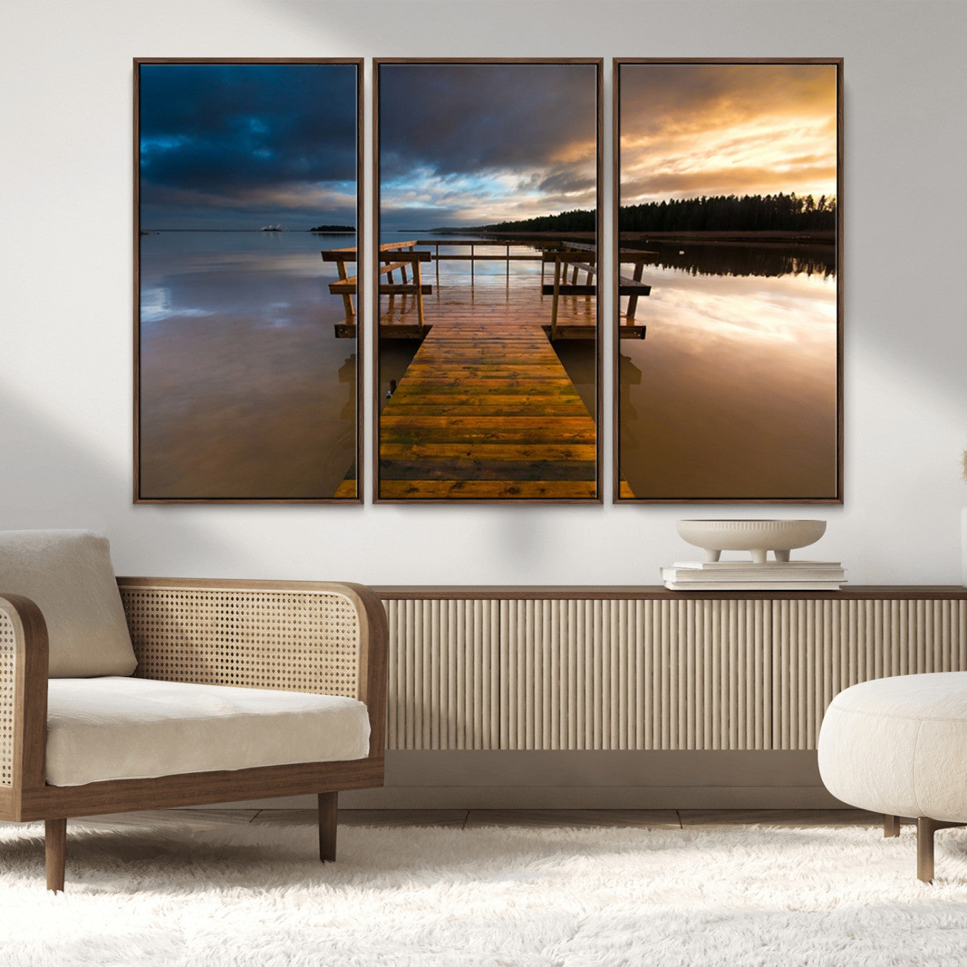 MGV-FC-48X32-3P - Serene Lake Pier at Sunset Canvas Print | Landscape Canvas Print | Ready to Hang and Framed Wall Art