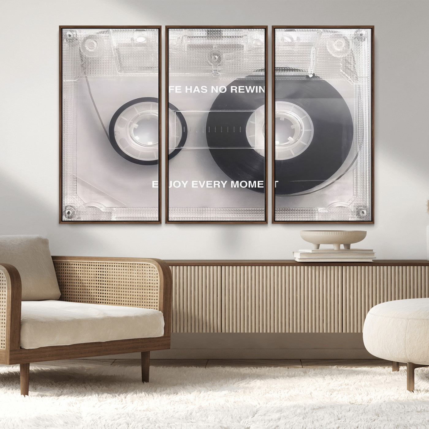 MGV-FC-48X32-3P - Vintage Cassette Tape Canvas Wall Art - Inspirational 'Life Has No Rewind' Quote, Retro Music Decor