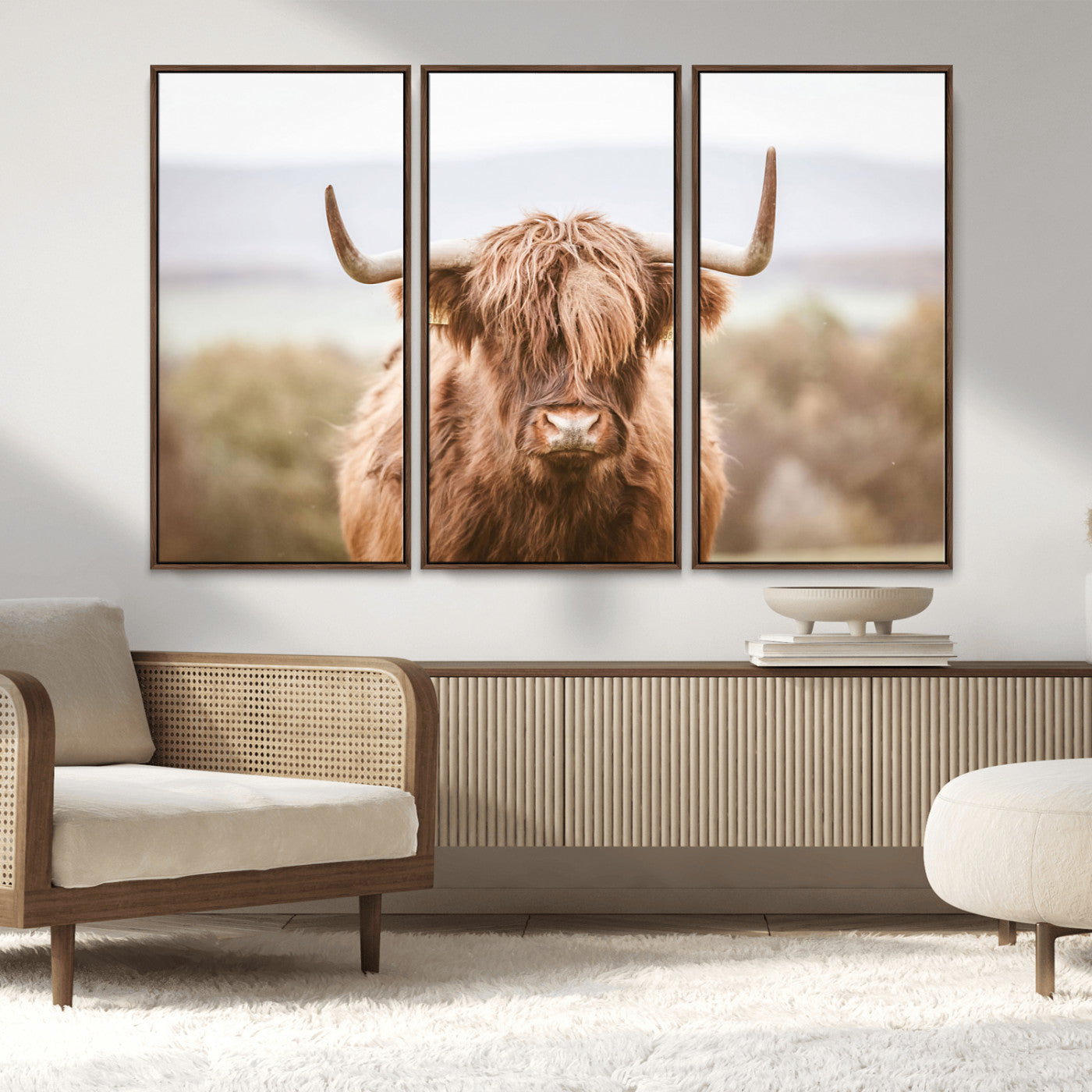 MGV-FC-48X32-3P - Scottish Serene Highland Cow Canvas Wall Art – Serene Highland Cow in Natural Pastel Tones – Ready