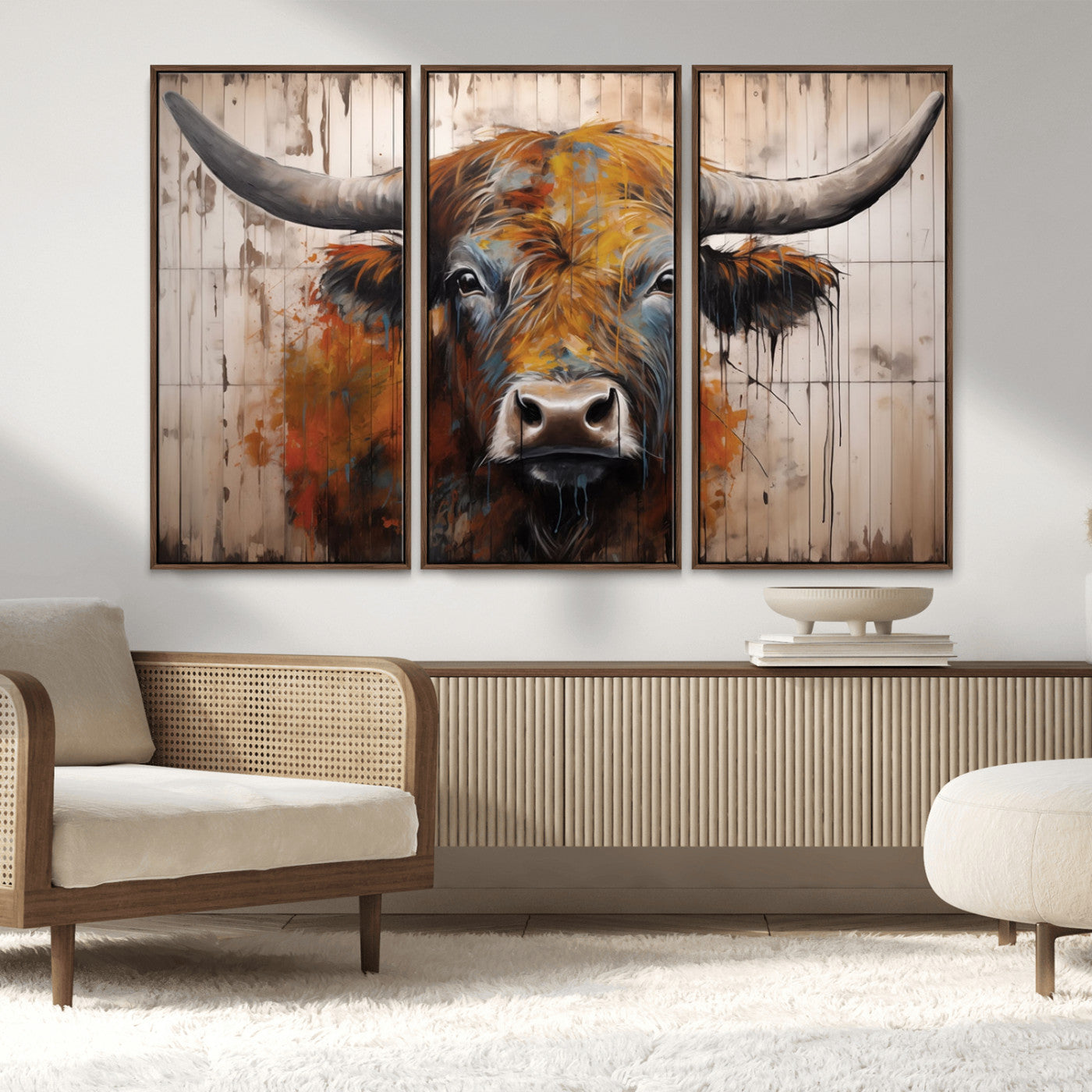 MGV-FC-48X32-3P - Abstract Bull Highland Cow Canvas Wall Art Print – Vibrant Rustic Charm in Modern Farmhouse Decor –