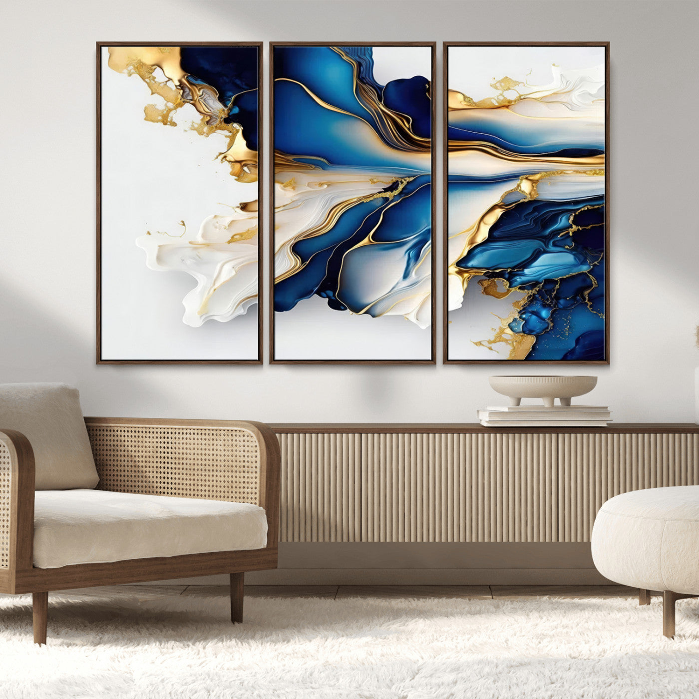 MGV-FC-48X32-3P - Gold Marble Art - Abstract Geode Gold And Blue Marble Shape 3 Pieces Wall Art Canvas Print