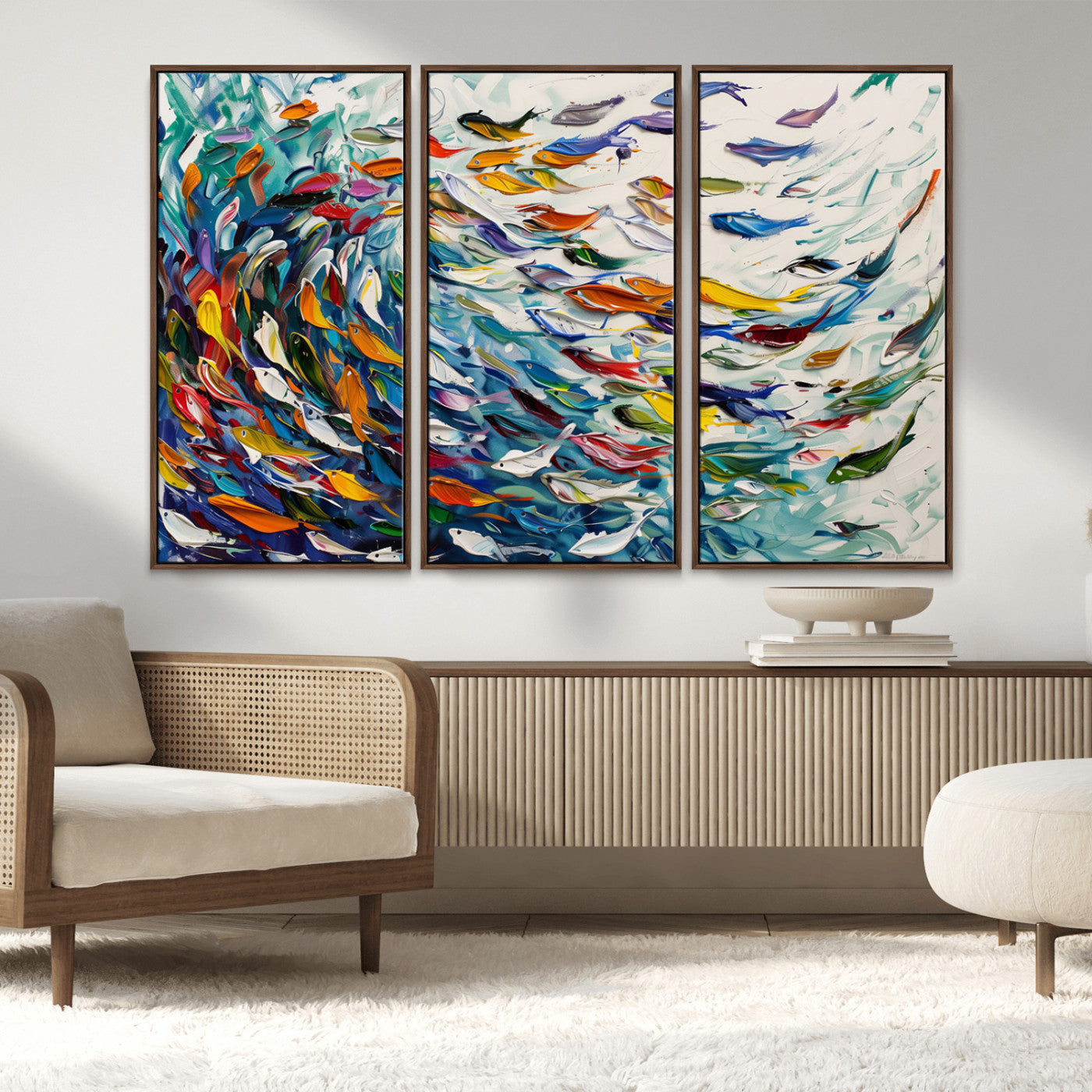 MGV-FC-48X32-3P - Modern Abstract Fish Shoal Wall Art Canvas Print, Colorful Fish Herd Painting on Canvas Print, Ocean