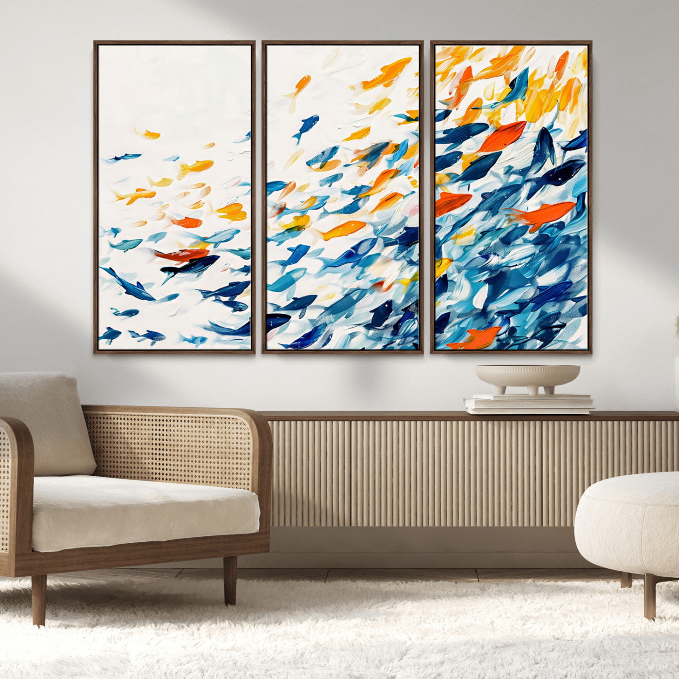 MGV-FC-48X32-3P - Abstract Fish Shoal Wall Art Canvas Print, Colorful Fish Herd Painting on Canvas Print, Ocean Animal