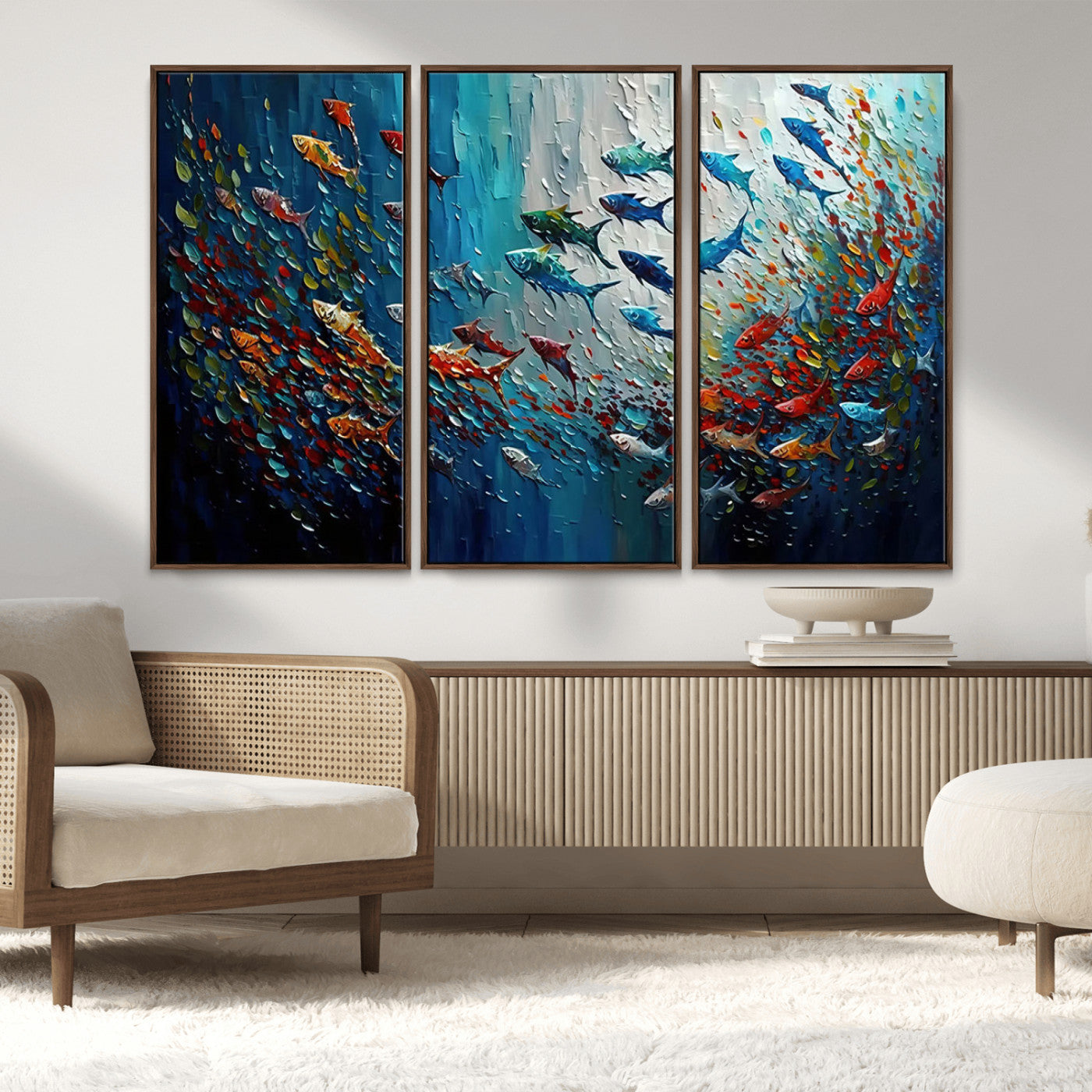MGV-FC-48X32-3P - Modern Abstract Fish Shoal Wall Art Canvas Print, Colorful Fish Herd Painting on Canvas Print, Ocean