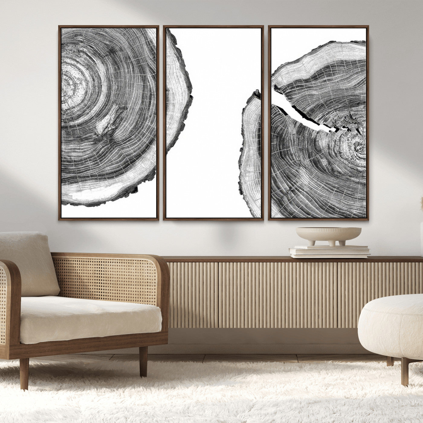 MGV-FC-48X32-3P - Abstract Large Tree Rings – Minimalist Black and White Wood Art | Triptych Canvas, Modern Wall Decor
