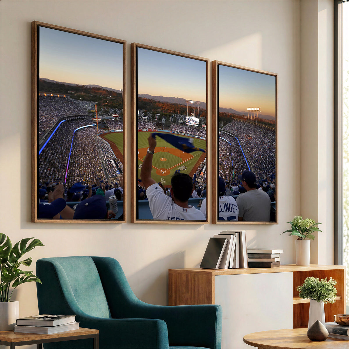 60162-MGV-CV-36X24 - Dodger Stadium Sunset Game Triple Canvas Wall Art, Los Angeles Dodgers MLB Match