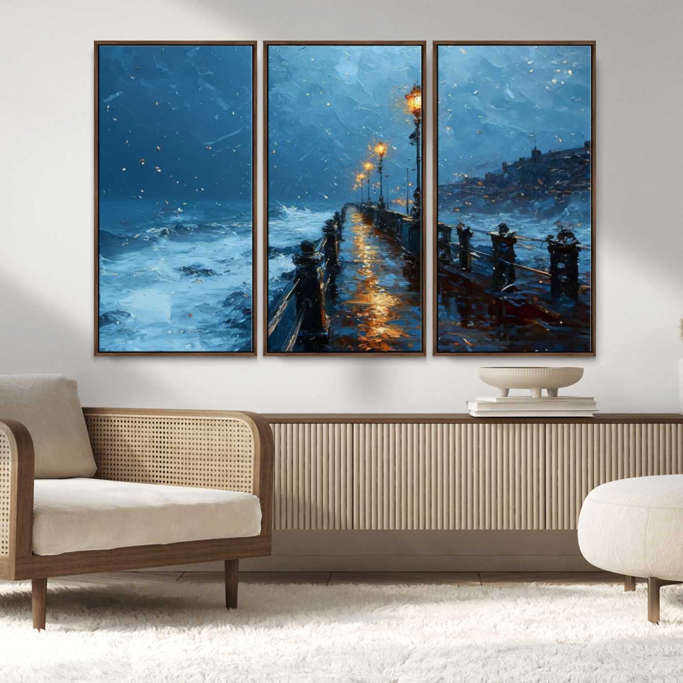MGV-FC-48X32-3P - Stormy Night at Beach Pier Oil Painting Large Wall Art Print, Framed Canvas Nature Wall Decor,