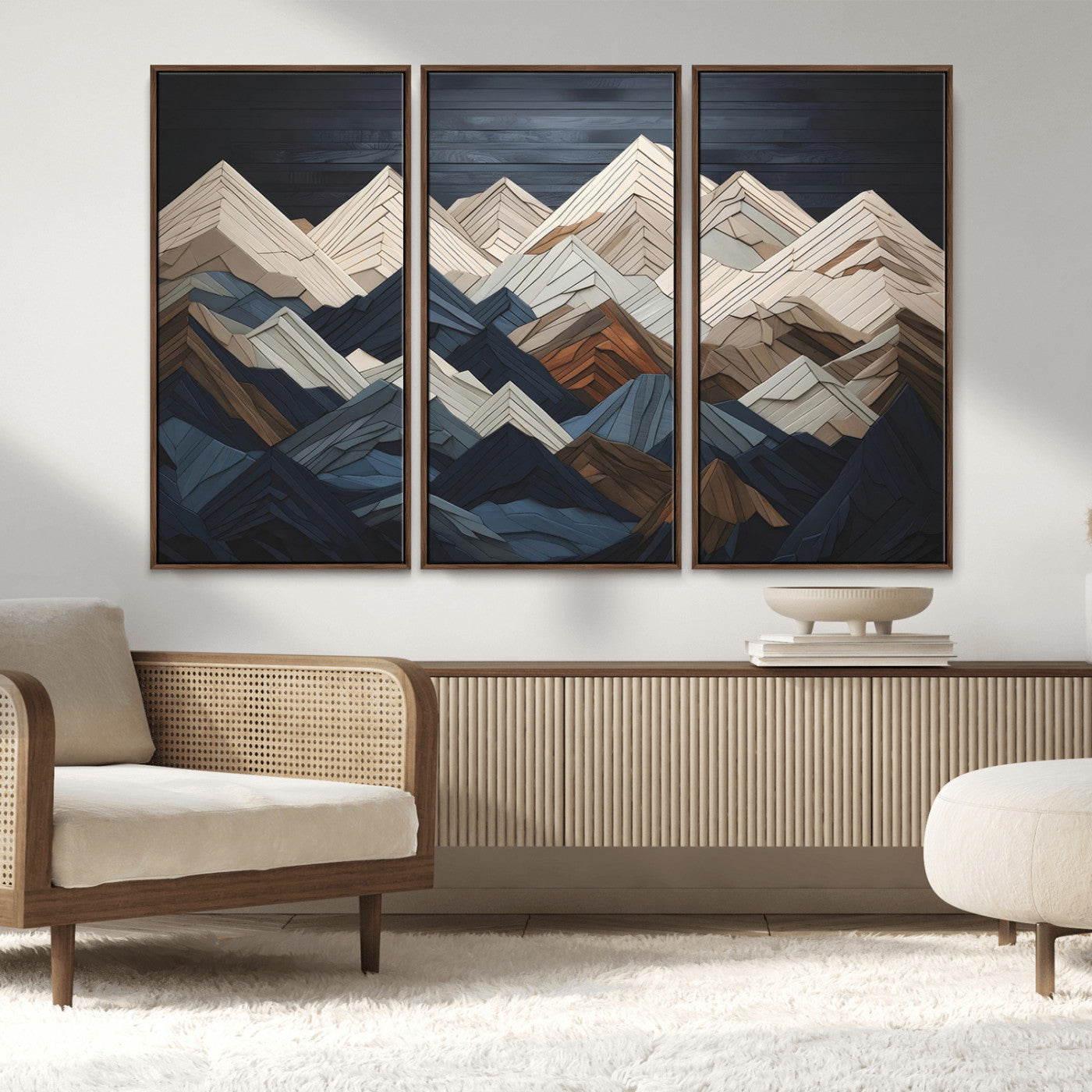 MGV-FC-48X32-3P - Mountain Range Art Wood Style Wall Art - Ready to Hang 3-Piece Set for Modern Rustic Decor, Abstract