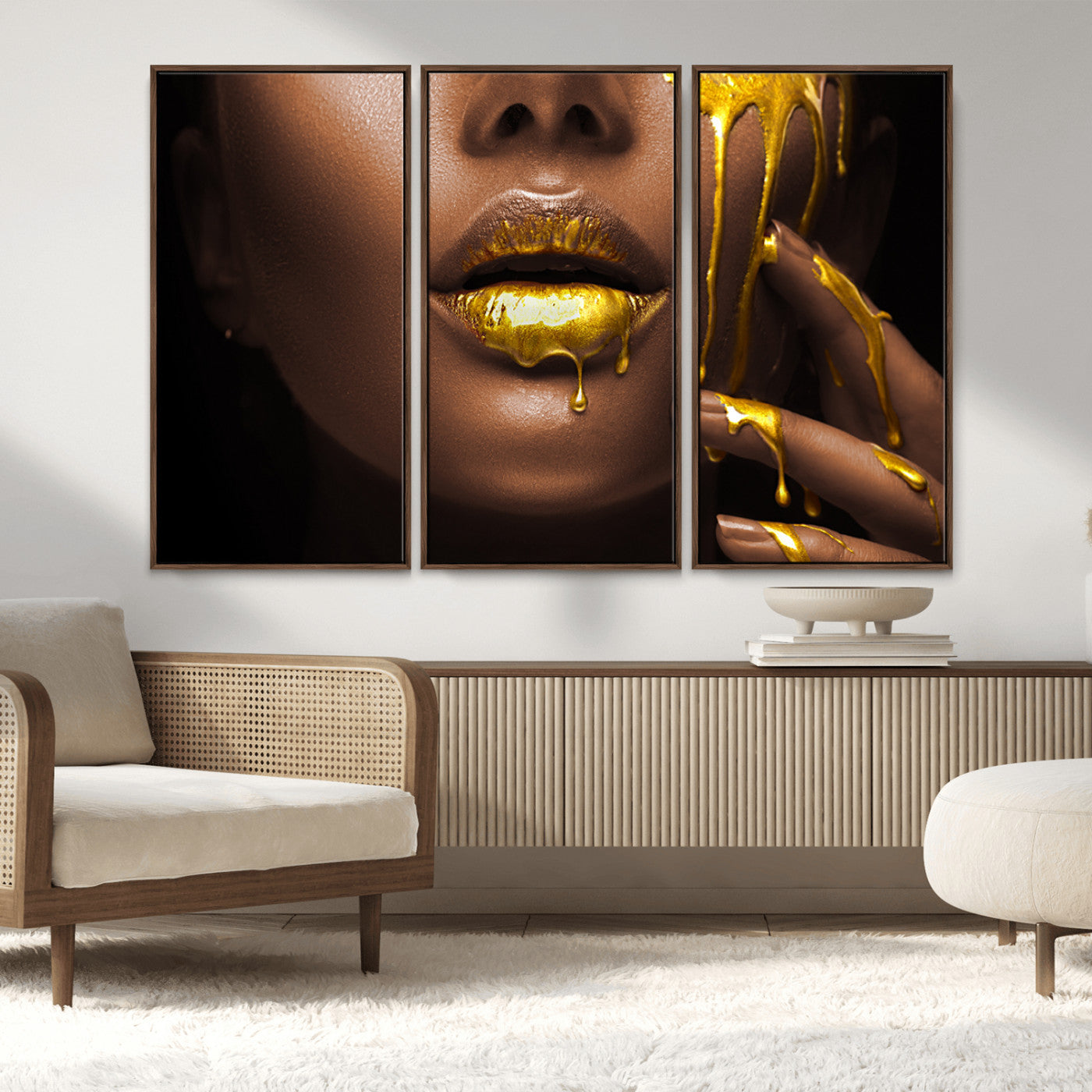 MGV-FC-48X32-3P - African American Art Black Woman Canvas Print, African Wall Art, Fashion African Woman Gold Lips