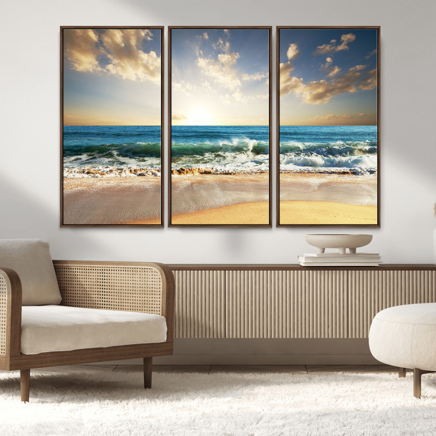MGV-FC-48X32-3P - Golden Sunset Beach Triptych Canvas Wall Art for Living Room – 3-Panel Ocean View, Framed & Ready to