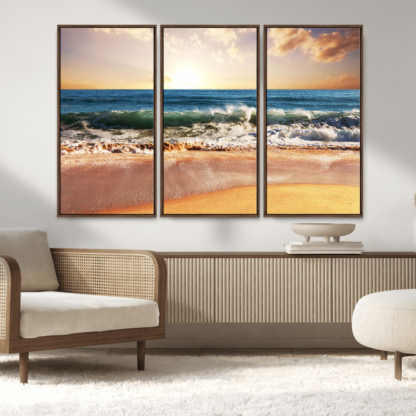 MGV-FC-48X32-3P - Sunset Beach Wall Art - 3-Panel Framed Canvas Print, Ready to Hang Ocean Sunset for Coastal and
