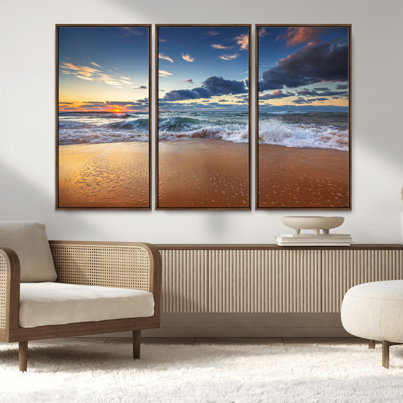 MGV-FC-48X32-3P - Beach Canvas Wall Art - Coastal Seascape Print for Living Room or Bedroom, Ocean Waves on Sand,