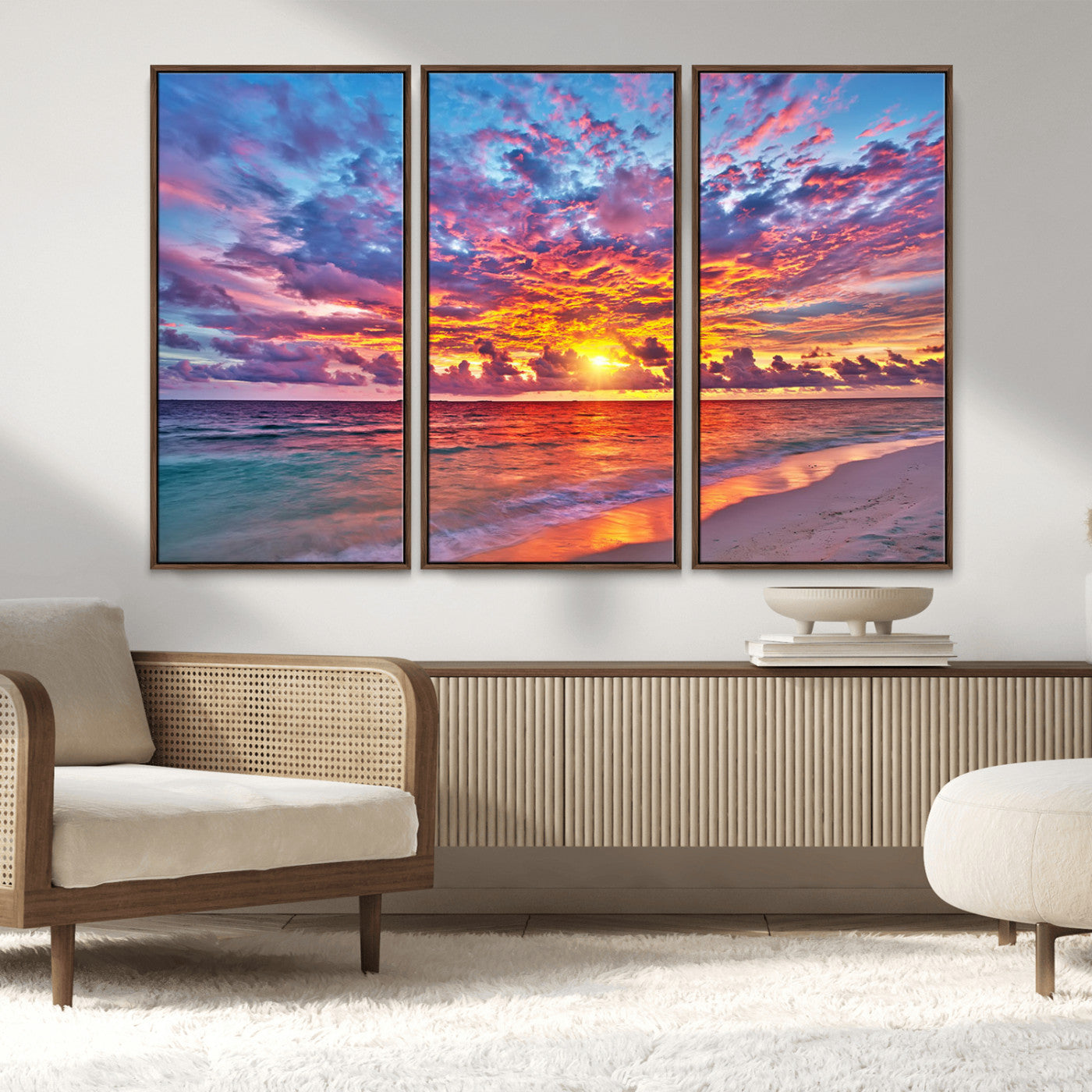 MGV-FC-48X32-3P - Vibrant Sunset Beach Wall Art - Ocean Sunset Canvas Print | Coastal Wall Art Decor Stunning Sunset