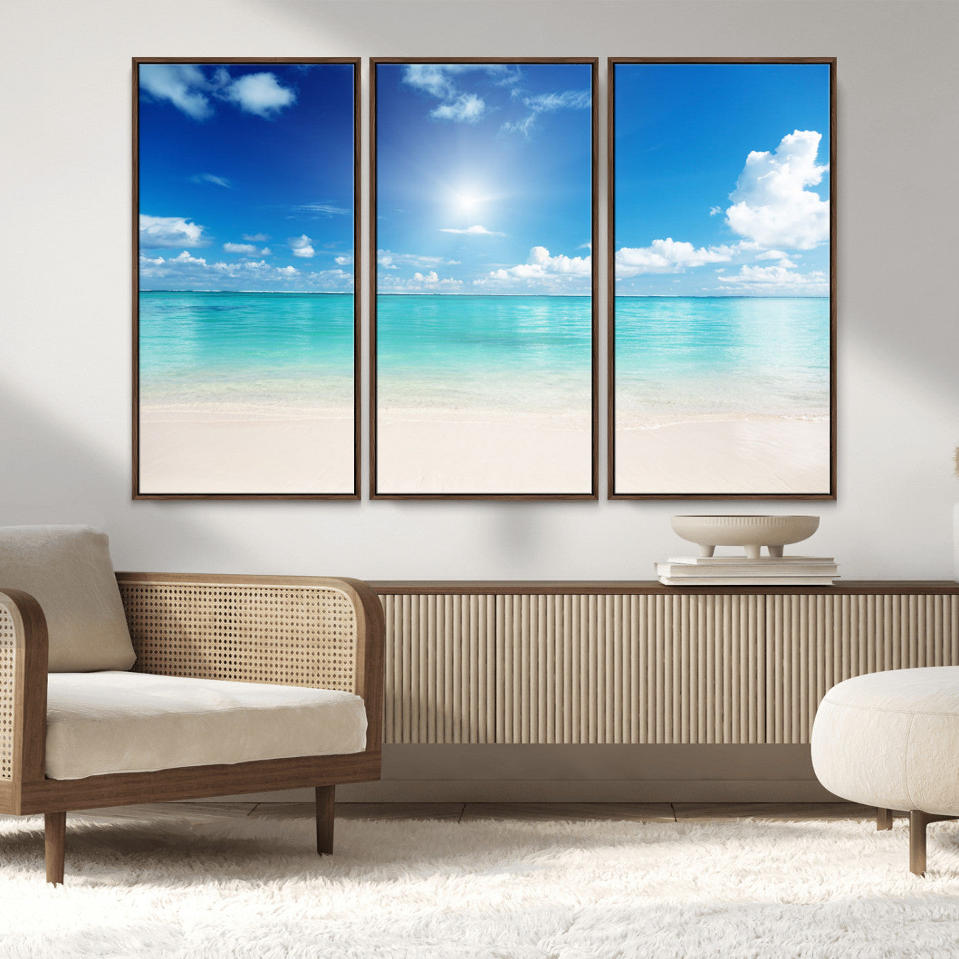 MGV-FC-48X32-3P - Blue Ocean Wall Art Canvas Print - Tranquil Ocean Paradise Triptych Wall Art - Ready to Hang Beach