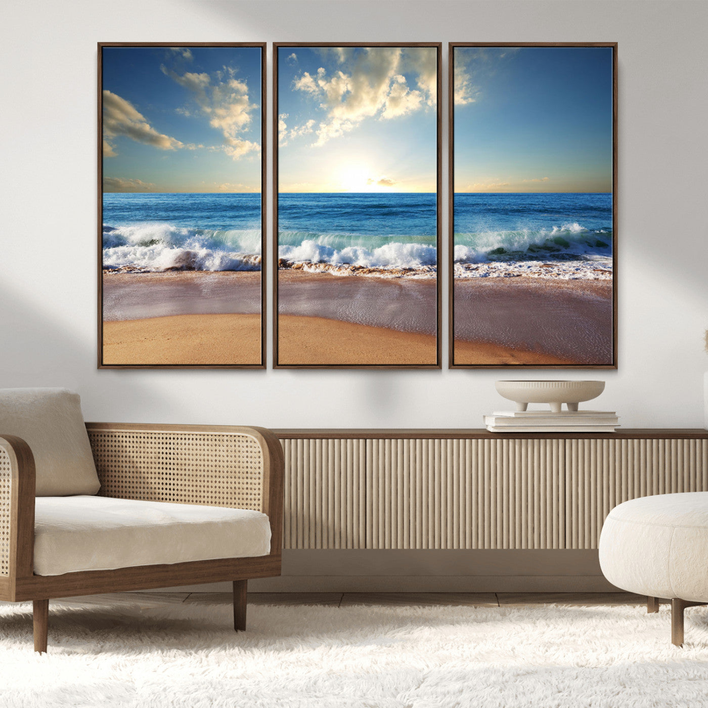 MGV-FC-48X32-3P - Serene Ocean Sunset Canvas Wall Art - Beach Waves at Sunset, Ready to Hang