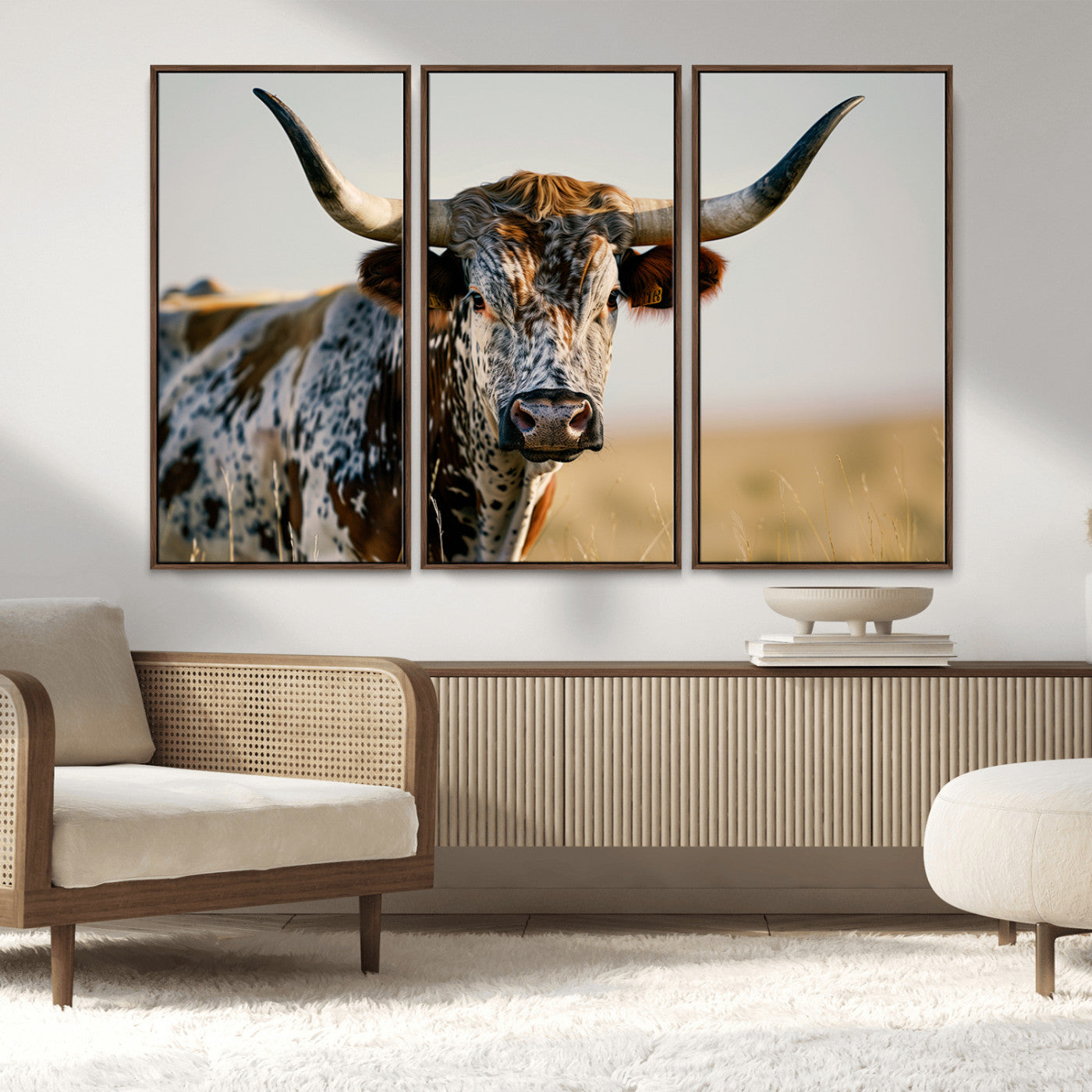 MGV-FC-48X32-3P - Texas Bull Longhorn Wall Art Canvas Print for Farm House Wall Decor, Farmhouse Wall Art Print