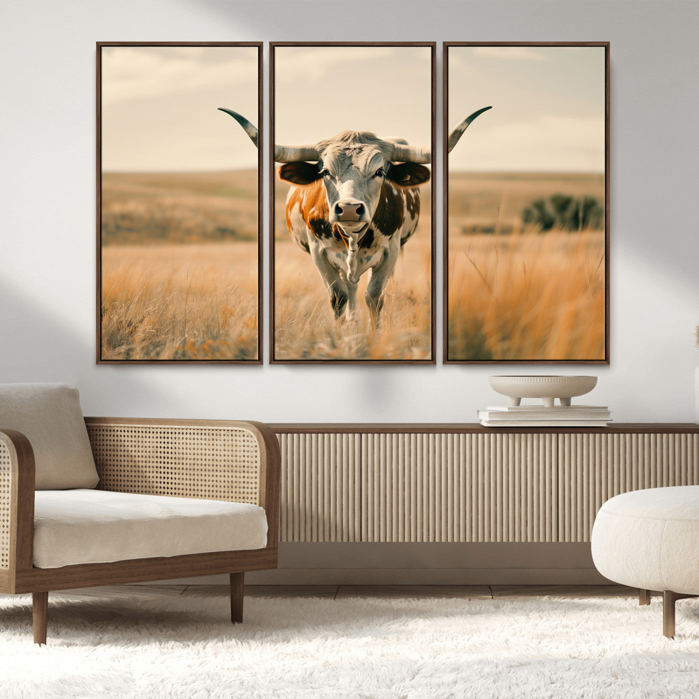 MGV-FC-48X32-3P - Texas Cow Wall Art Canvas Print for Farm House Wall Decor, Farmhouse Wall Art Print