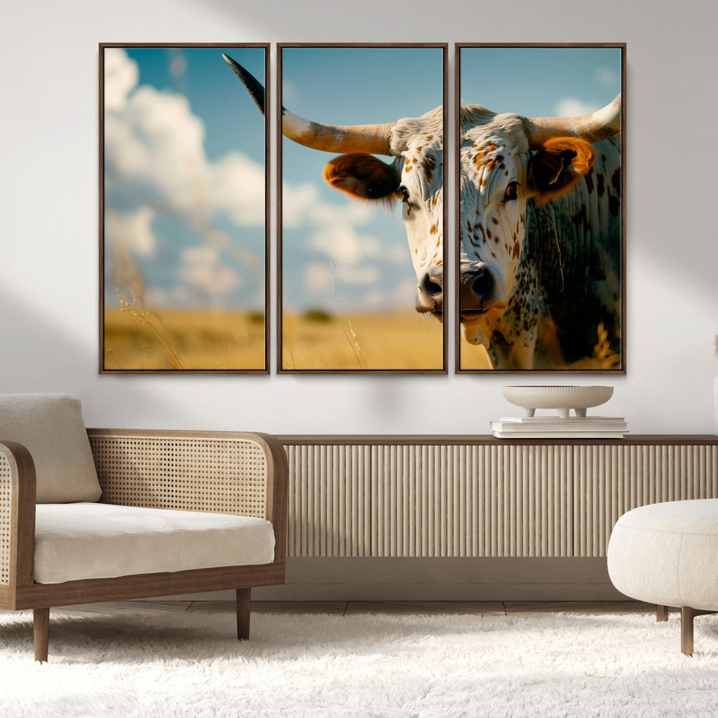 MGV-FC-48X32-3P - Longhorn in the Prairie - Stunning Ranch-Style Triptych Wall Art for Western Home Decor, Cowboy Wall