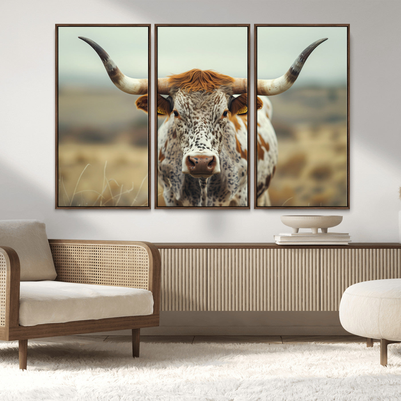 MGV-FC-48X32-3P - Texas Cow Longhorn Wall Art Canvas Print for Farm House Wall Decor, Farmhouse Wall Art Print