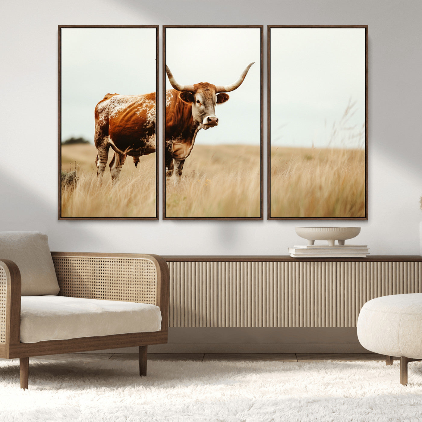 MGV-FC-48X32-3P - Texas Longhorn Canvas Wall Art Print – Majestic Western Cattle in Rustic Farmhouse Decor – Cow Wall