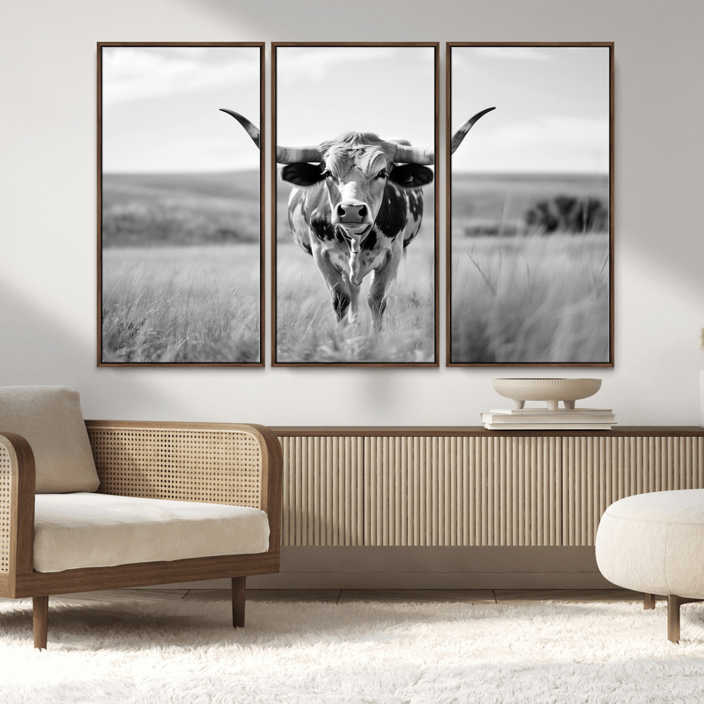 MGV-FC-48X32-3P - Texas Cow Longhorn Wall Art Canvas Print for Farm House Wall Decor, Farmhouse Wall Art Print