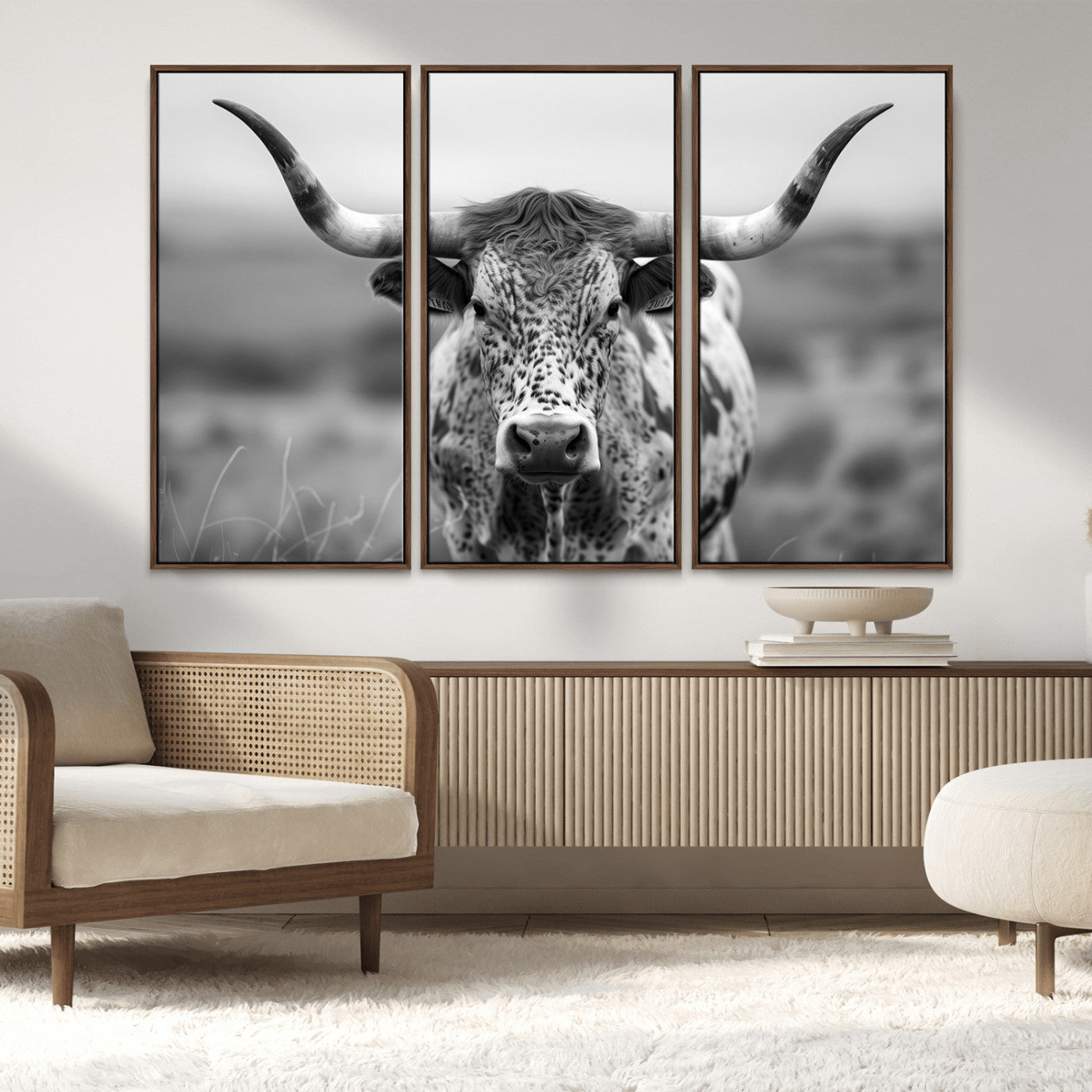 MGV-FC-48X32-3P - Texas Cow Longhorn Wall Art Canvas Print for Farm House Wall Decor, Farmhouse Wall Art Print