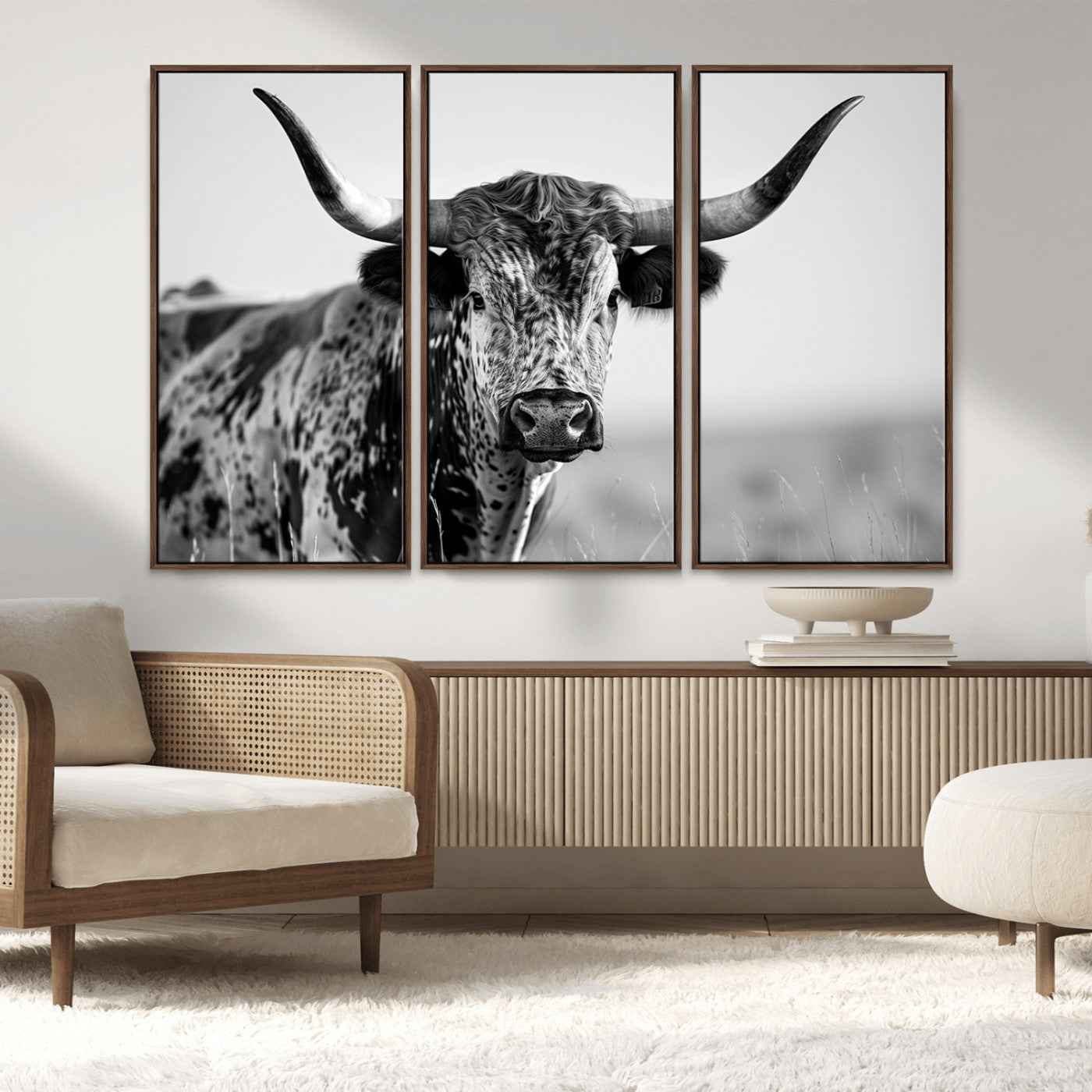 MGV-FC-48X32-3P - Texas Highland Cow Longhorn Canvas Print - Rustic Farmhouse Wall Art - Large Texas Longhorn