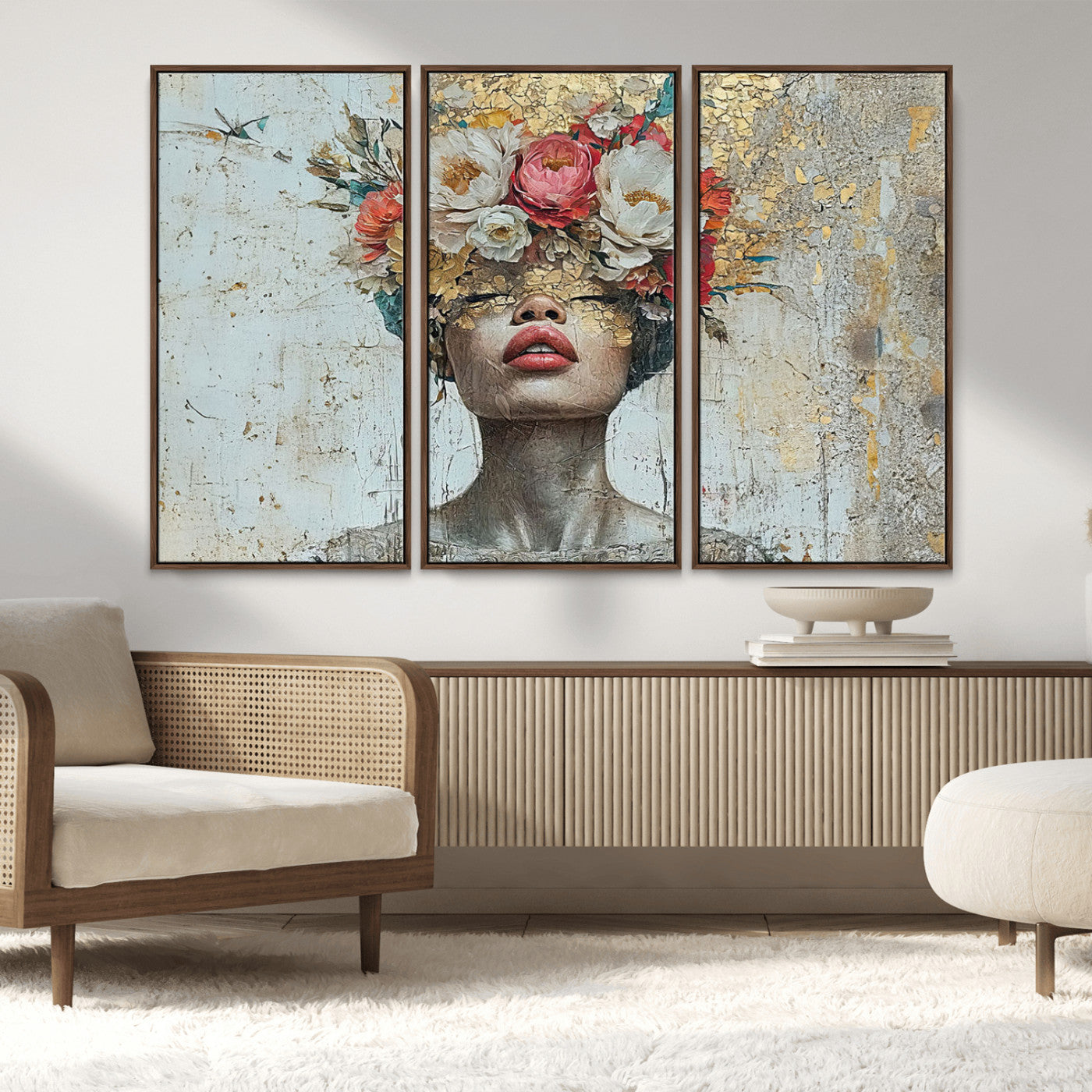 MGV-FC-48X32-3P - Golden Petal Wall Art Canvas Print - Silhouette Woman Wall Art Canvas Print, Floral Woman Portrait