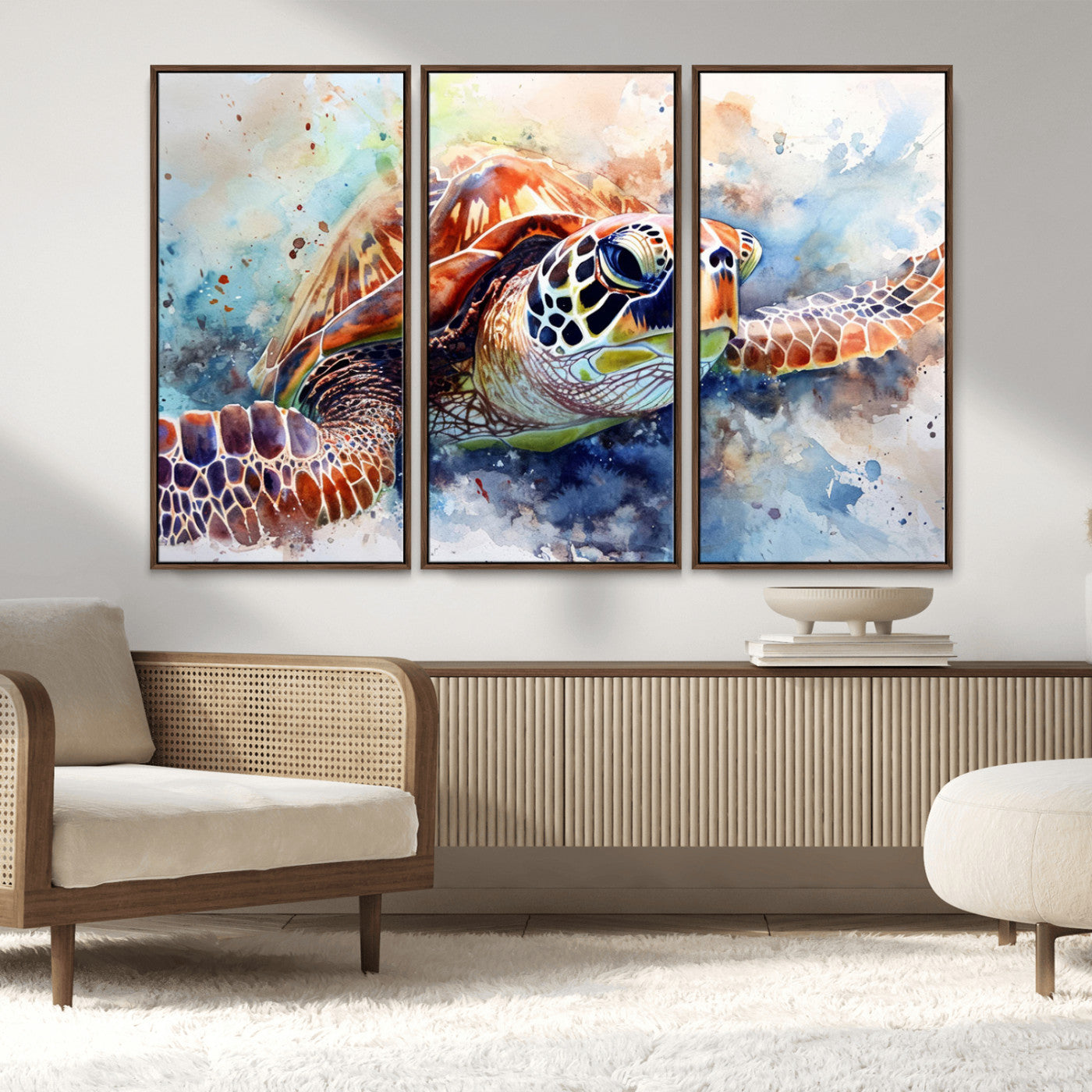 MGV-FC-48X32-3P - Watercolor Sea Turtle Wall Art Canvas Print - Vibrant Ocean Colors in Watercolor Style - Ready to