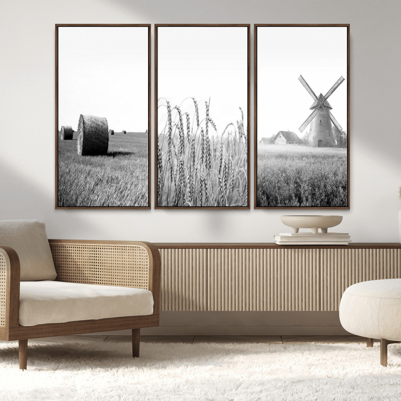 MGV-FC-48X32-3P - Vintage Farmhouse Black and White Triptych Wall Art – Giclee Canvas Featuring Wheat Fields, Hay