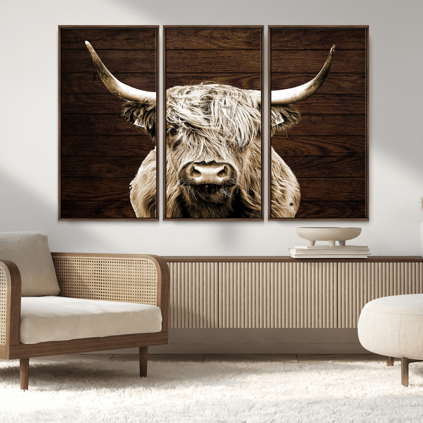 MGV-FC-48X32-3P - Highland Cow Wall Art Canvas Print, Rustic Farmhouse Decor, Majestic Scottish Highland Bull Portrait