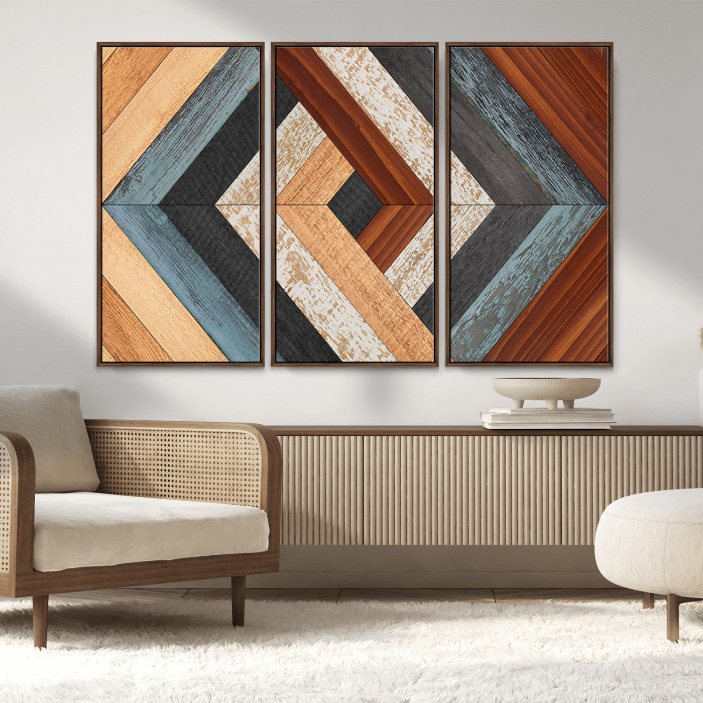 MGV-FC-48X32-3P - Geometric Wood Art Wall Decor Canvas Print, Rustic Wooden Pattern Triptych Wall Art for Living Room
