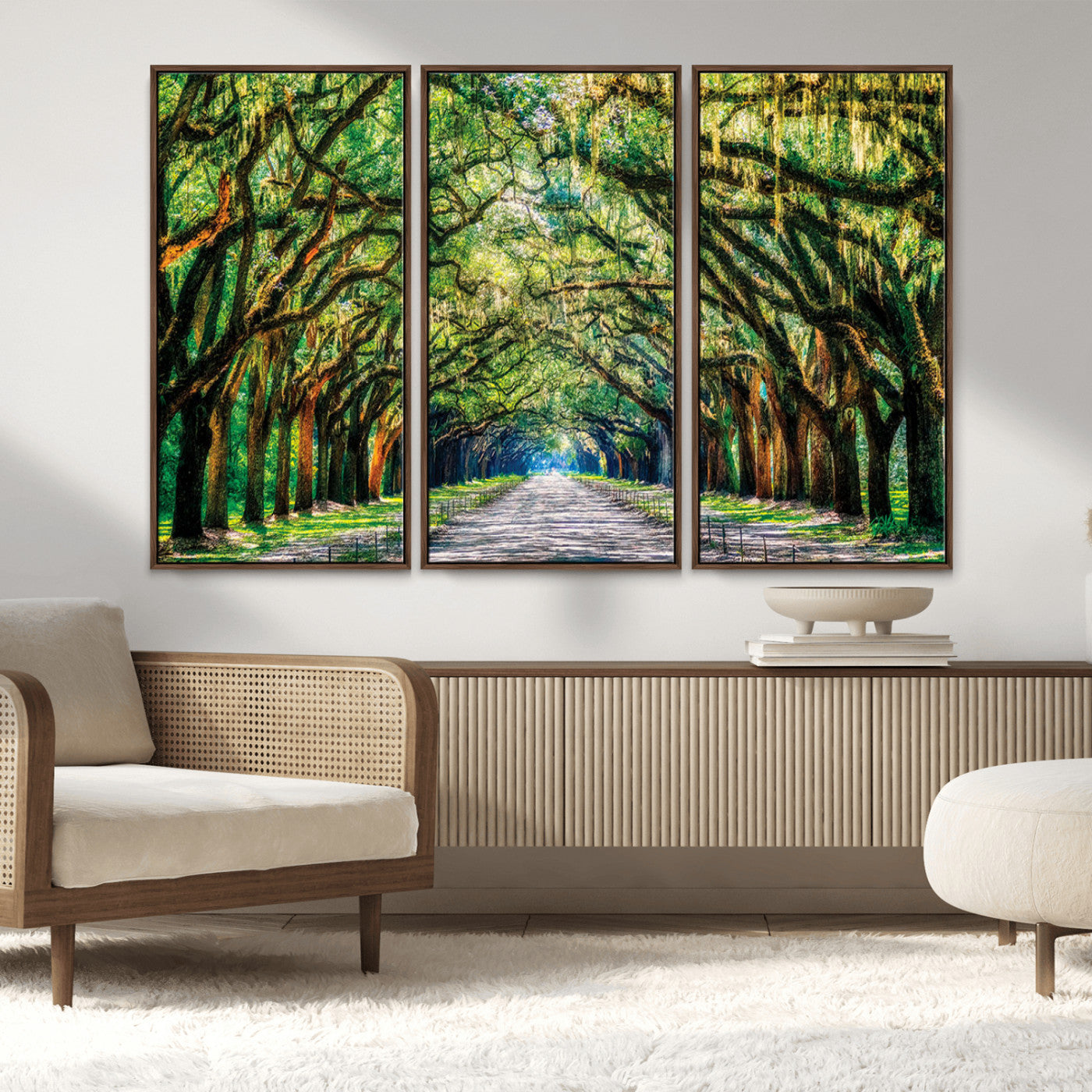 MGV-FC-48X32-3P - Serene Tree Tunnel Wall Art Canvas Print – Pathway Under Canopy of Lush Green Trees, Nature-Inspired