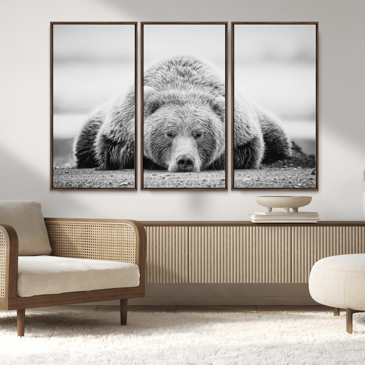 MGV-FC-48X32-3P - Resting Grizzly Bear Wall Art Canvas Print – Majestic Lazy Black and White Wildlife Bear Art,