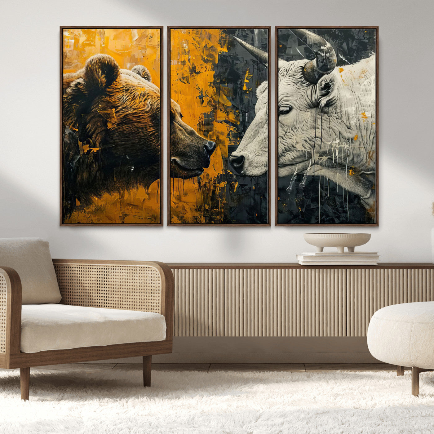 MGV-FC-48X32-3P - Bear and Bull Wall Art Canvas Print – Abstract Animal Portrait Painting for Modern Home Decor –