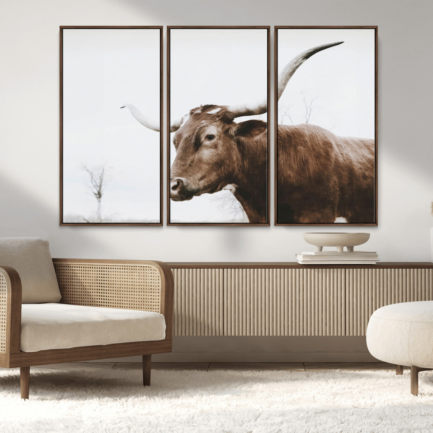 MGV-FC-48X32-3P - Rustic Bull Wall Art Canvas Print – Modern Longhorn Farmhouse Animal Decor – Abstract Farm Cow