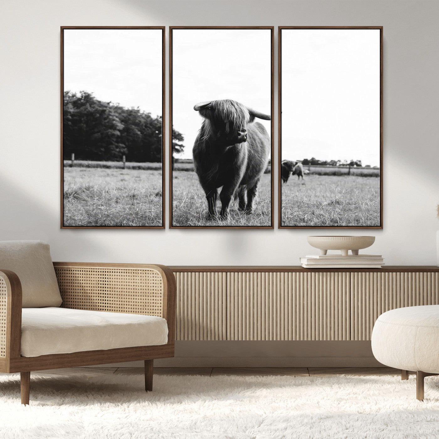 MGV-FC-48X32-3P - Black and White Highland Cow Wall Art Canvas Print | Rustic Western Decor for Living Room or Office,