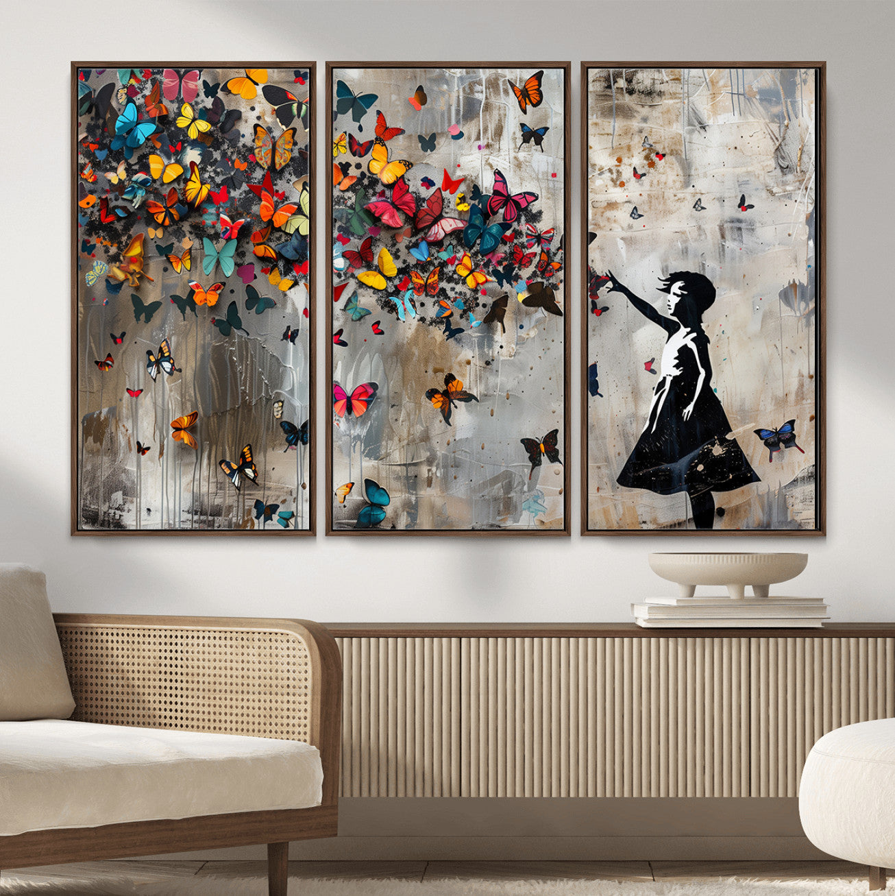 40269-MGV-CV-36X24 - Banksy Wall Art - Banksy Girl and Butterfly Explosion Wall Art Canvas Print | Girl with Butterflies
