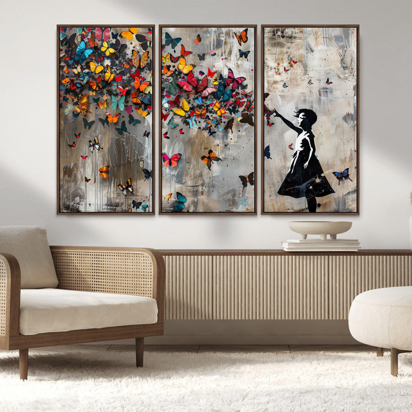 MGV-FC-48X32-3P - Banksy Wall Art - Banksy Girl and Butterfly Explosion Wall Art Canvas Print | Girl with Butterflies
