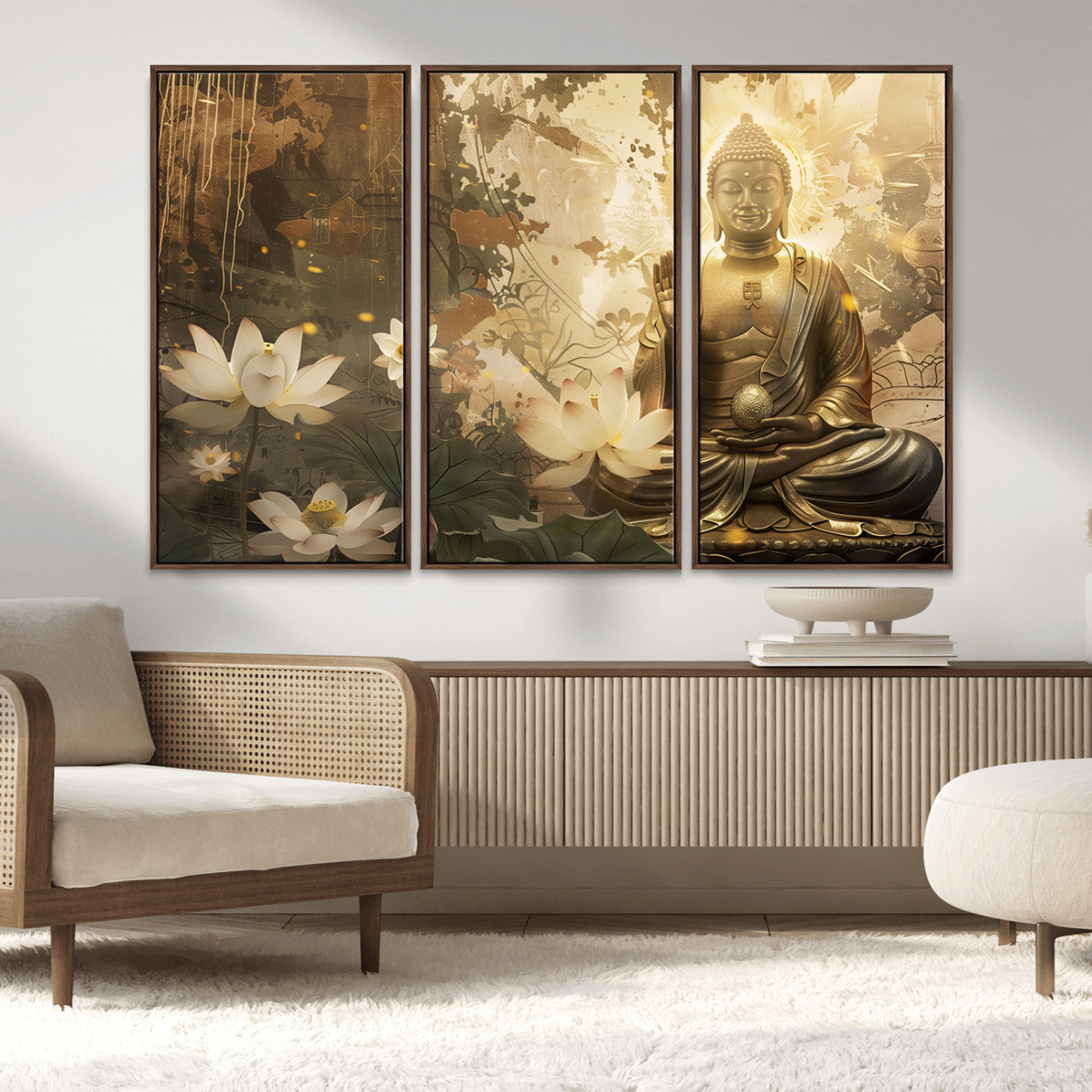 MGV-FC-48X32-3P - Zen Buddha Wall Art Canvas Print | Peaceful Meditation Decor with Lotus Flowers | Spiritual Serenity