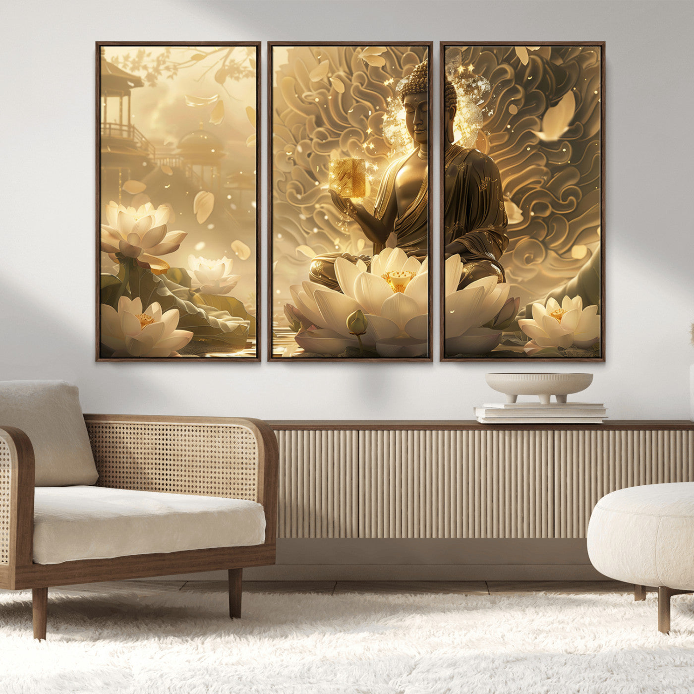 MGV-FC-48X32-3P - Golden Buddha Wall Art | Yoga Room Decor and Meditation Room Wall Art | Framed and Ready to Hang